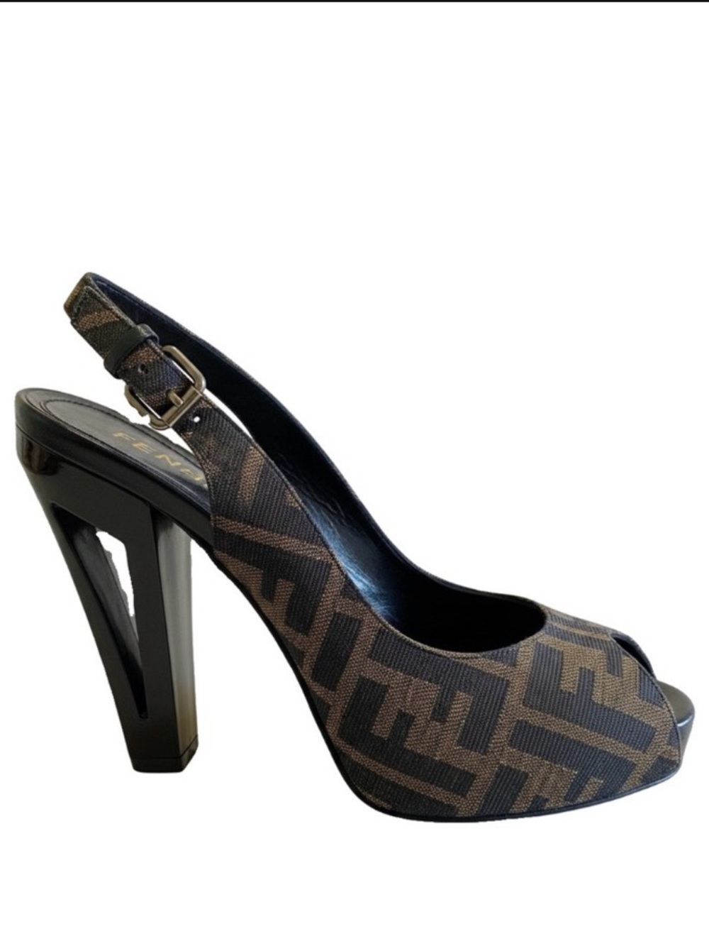 🛍️ FENDI Authentic Zucca Monogram Slingback Peep Toe Heels Clear Logo Block Heel